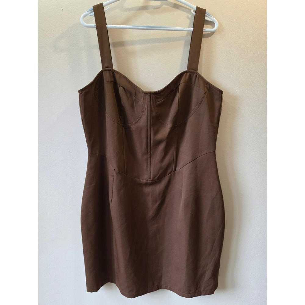 PrettyLittleThing Shape Chocolate Brown Woven Cup Detail Bodycon Dress US 14 NEW
